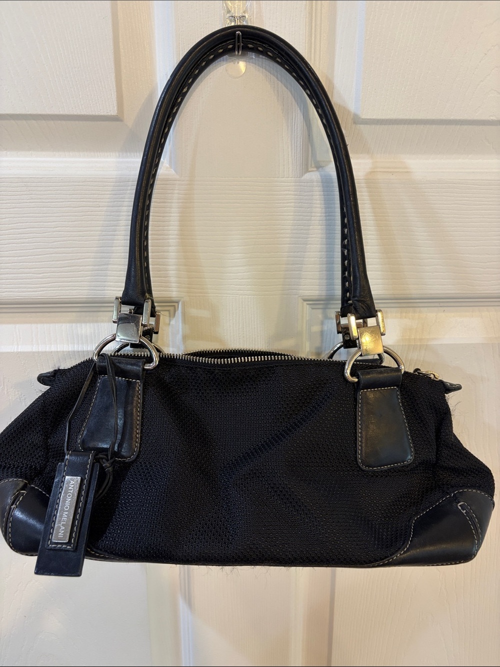 ANTONIO MELANI Black Nylon Textured Shoulder Bag with Leather Trim